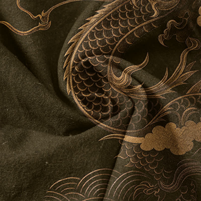 Nimara Ritual Cotton Golden Dragon Pattern Men's Short Sleeve Half Button Shirt