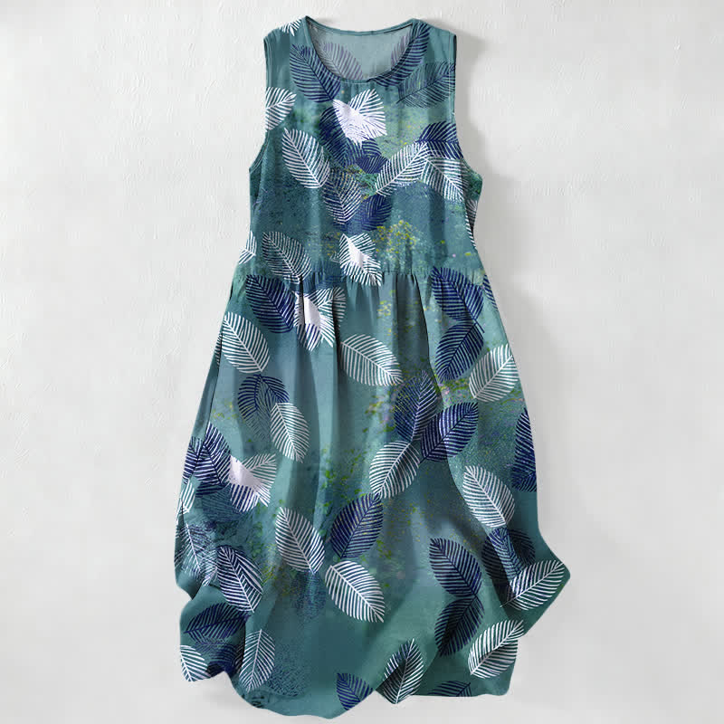 Nimara Ritual Summer Casual Tropical Leaves Pattern Women's Summer Sleeveless Midi Dress With Pockets