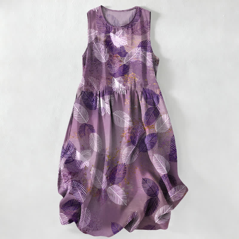 Nimara Ritual Summer Casual Tropical Leaves Pattern Women's Summer Sleeveless Midi Dress With Pockets