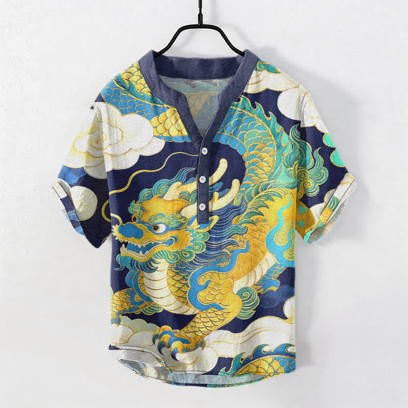 Nimara Ritual Cotton Golden Dragon Auspicious Clouds Pattern Men's Short Sleeve Half Button Shirt