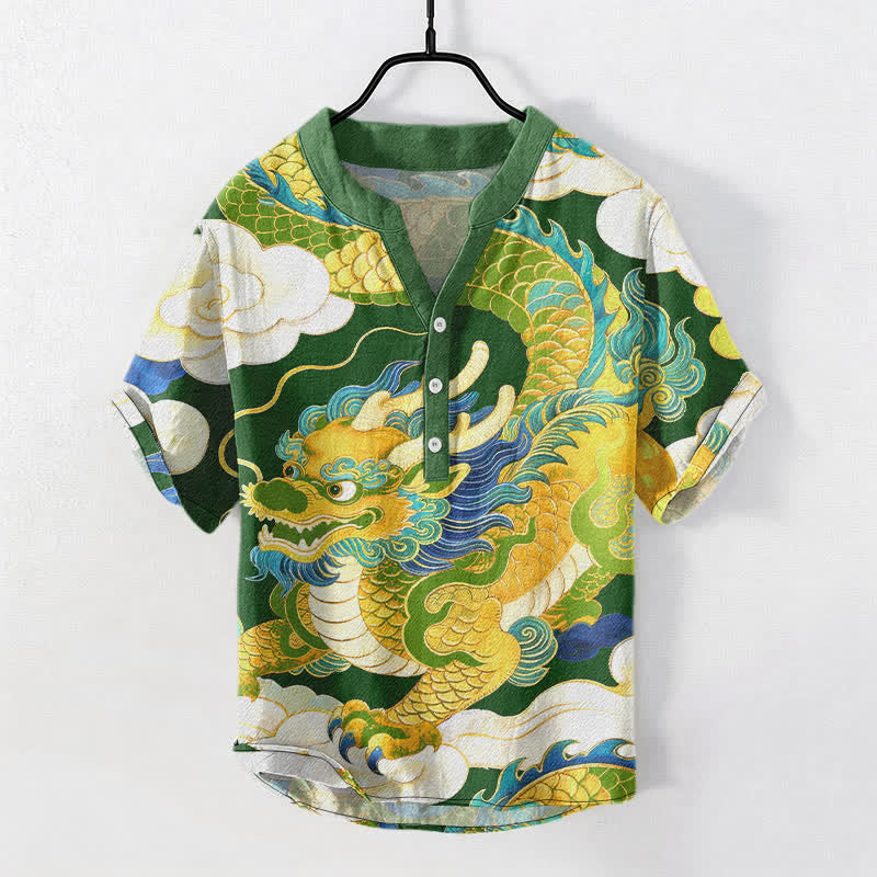 Nimara Ritual Cotton Golden Dragon Auspicious Clouds Pattern Men's Short Sleeve Half Button Shirt