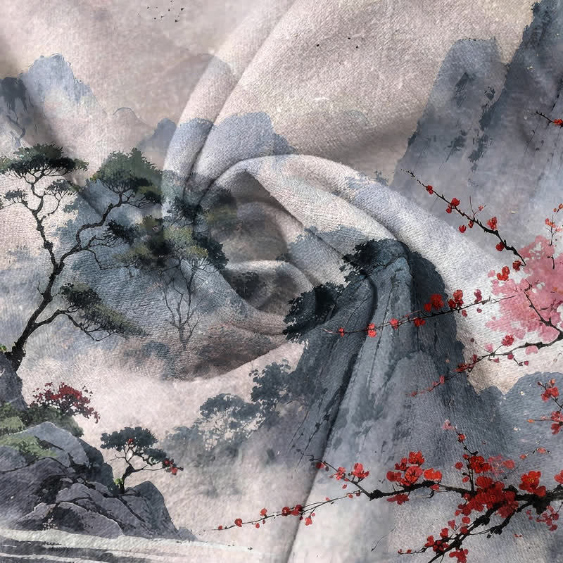 Nimara Ritual Cotton Ink Landscape Plum Blossom Pattern Men's Short Sleeve Half Button Shirt