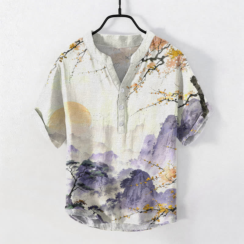 Nimara Ritual Cotton Ink Landscape Plum Blossom Pattern Men's Short Sleeve Half Button Shirt