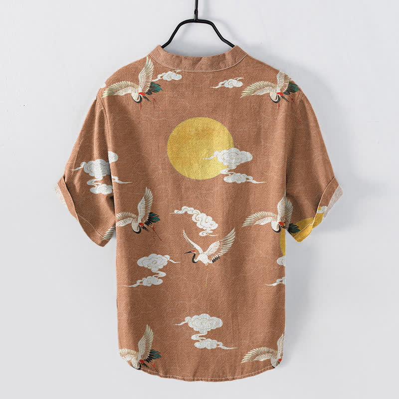 Nimara Ritual Cotton Crane Cloud Sun Pattern Men's Short Sleeve Half Button Shirt