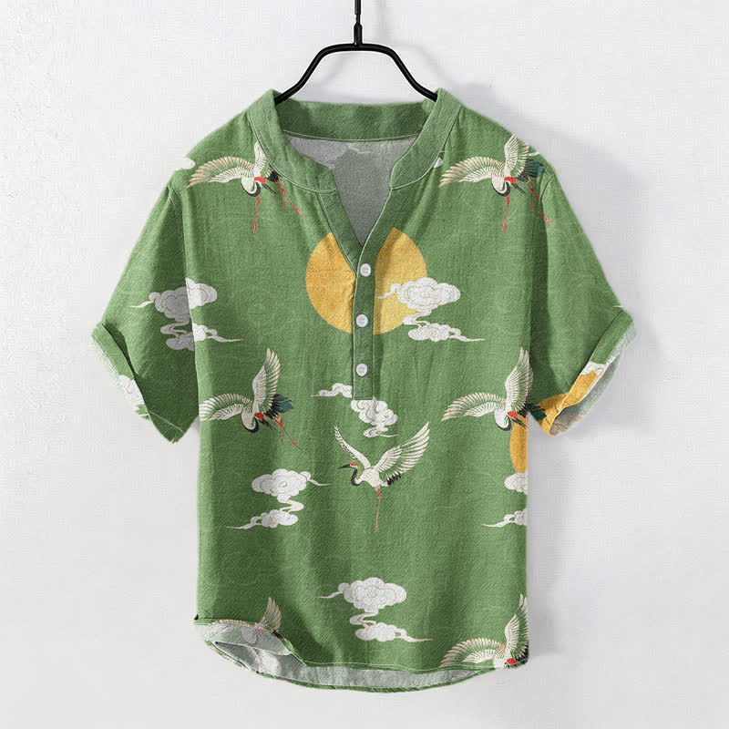 Nimara Ritual Cotton Crane Cloud Sun Pattern Men's Short Sleeve Half Button Shirt