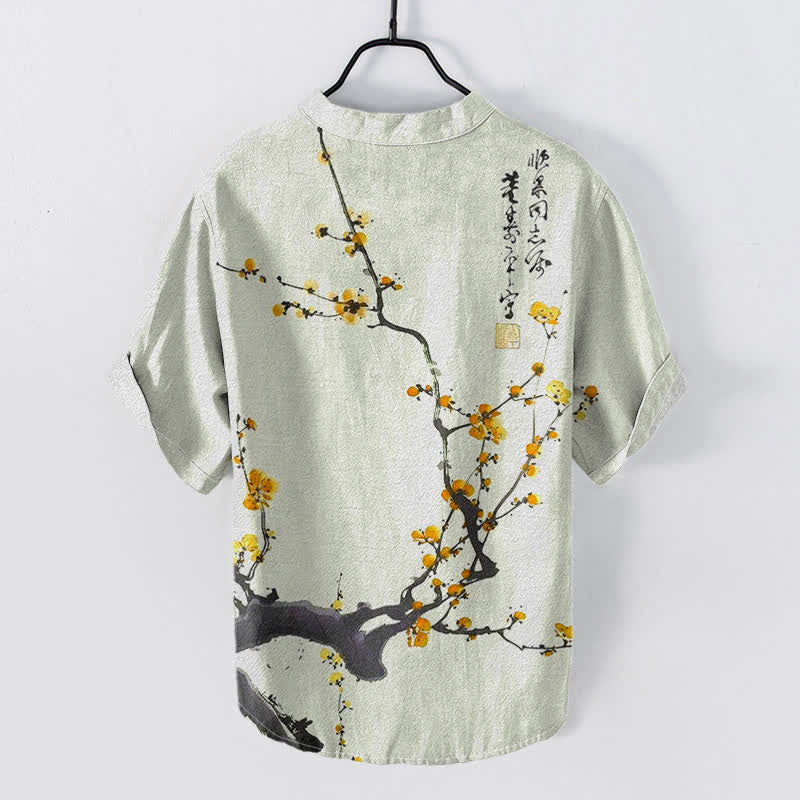 Nimara Ritual Cotton Plum Blossom Branch Pattern Calligraphy Men's Short Sleeve Half Button Shirt