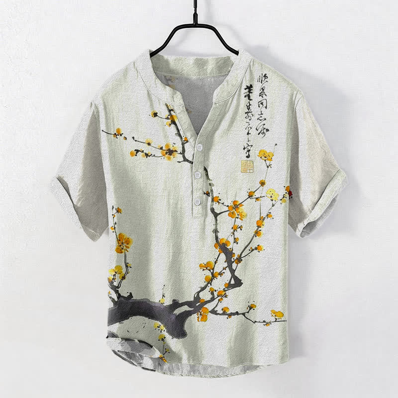 Nimara Ritual Cotton Plum Blossom Branch Pattern Calligraphy Men's Short Sleeve Half Button Shirt
