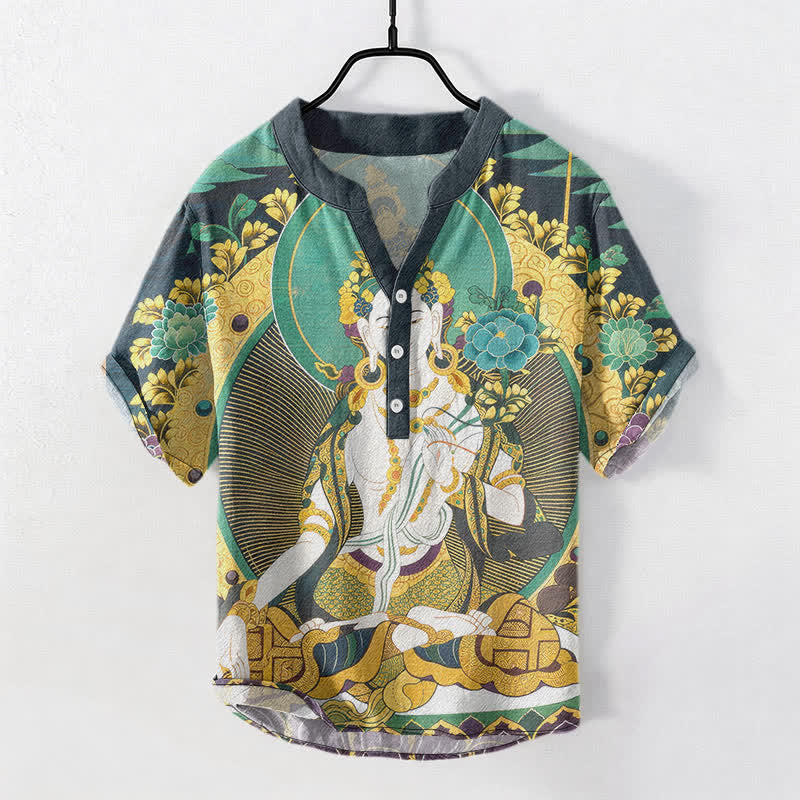 Nimara Ritual Cotton Radiant Buddha Floral Pattern Men's Short Sleeve Half Button Shirt