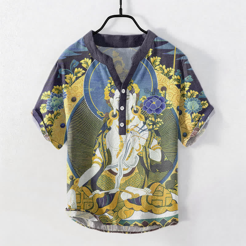 Nimara Ritual Cotton Radiant Buddha Floral Pattern Men's Short Sleeve Half Button Shirt