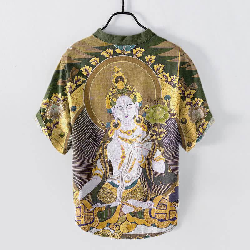 Nimara Ritual Cotton Radiant Buddha Floral Pattern Men's Short Sleeve Half Button Shirt