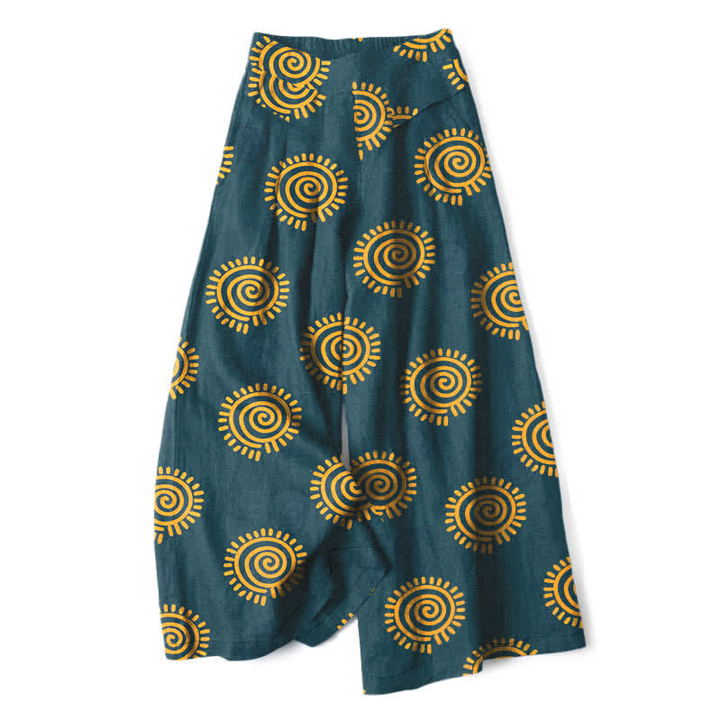 Nimara Ritual Cotton Linen Sun Spiral Pattern Women's Elastic Waist Wide Leg Pants With Pockets