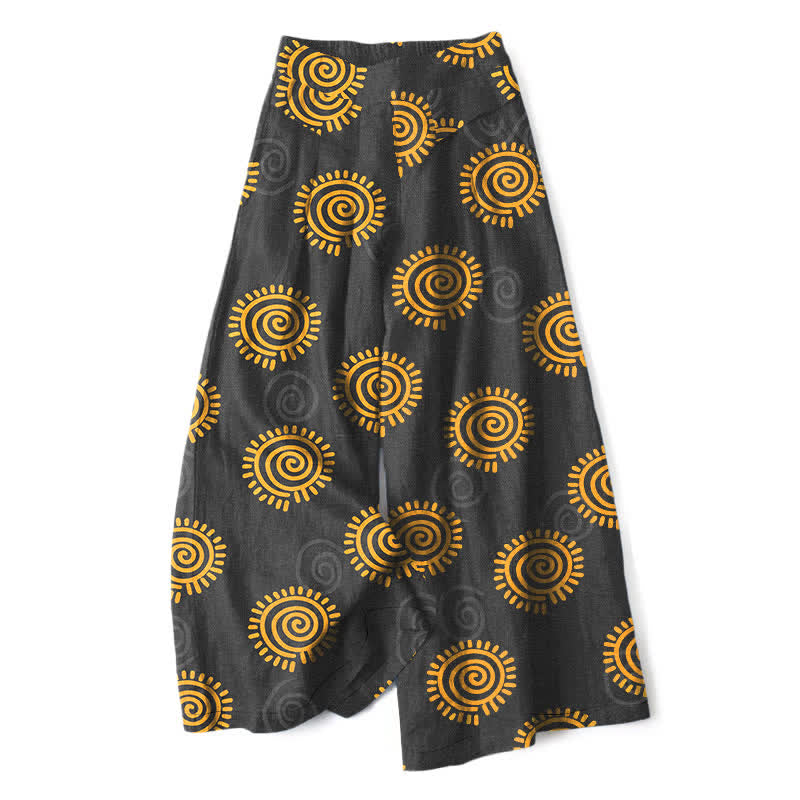 Nimara Ritual Cotton Linen Sun Spiral Pattern Women's Elastic Waist Wide Leg Pants With Pockets