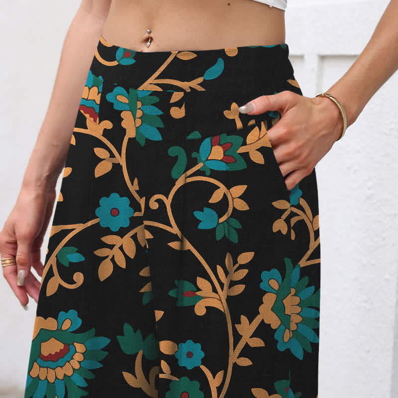 Nimara Ritual Cotton Linen Turquoise Vine Floral Pattern Women's Elastic Waist Wide Leg Pants With Pockets
