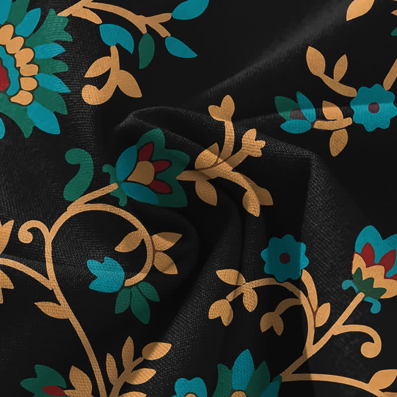 Nimara Ritual Cotton Linen Turquoise Vine Floral Pattern Women's Elastic Waist Wide Leg Pants With Pockets