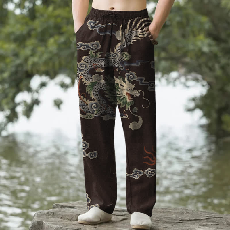 Nimara Ritual Cotton Dragon Cloud Pattern Men's Tapered Pants With Pockets