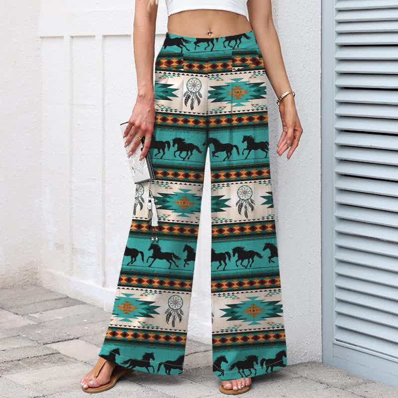 Nimara Ritual Cotton Linen Horse Dreamcatcher Pattern Women's Elastic Waist Wide Leg Pants With Pockets