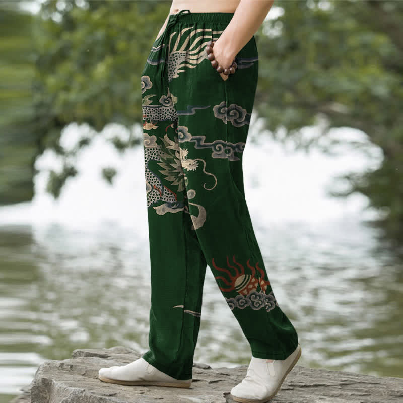 Nimara Ritual Cotton Dragon Cloud Pattern Men's Tapered Pants With Pockets