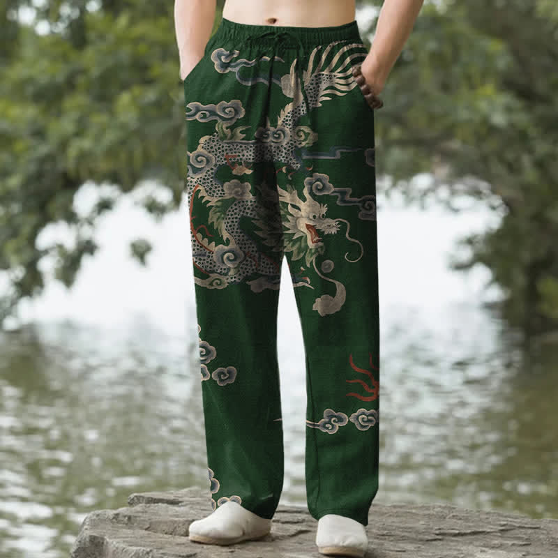 Nimara Ritual Cotton Dragon Cloud Pattern Men's Tapered Pants With Pockets