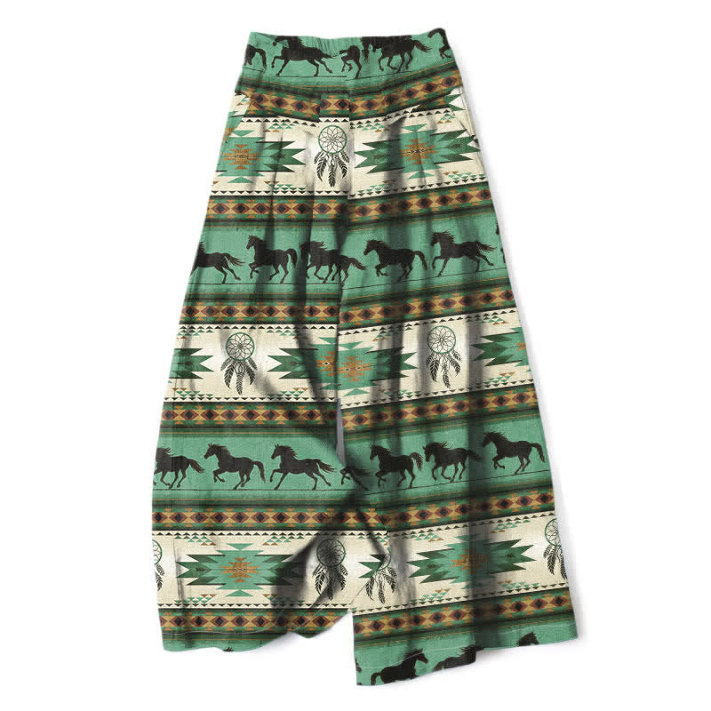 Nimara Ritual Cotton Linen Horse Dreamcatcher Pattern Women's Elastic Waist Wide Leg Pants With Pockets