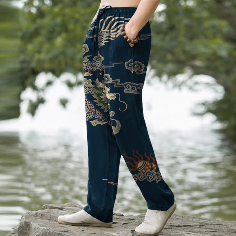 Nimara Ritual Cotton Dragon Cloud Pattern Men's Tapered Pants With Pockets