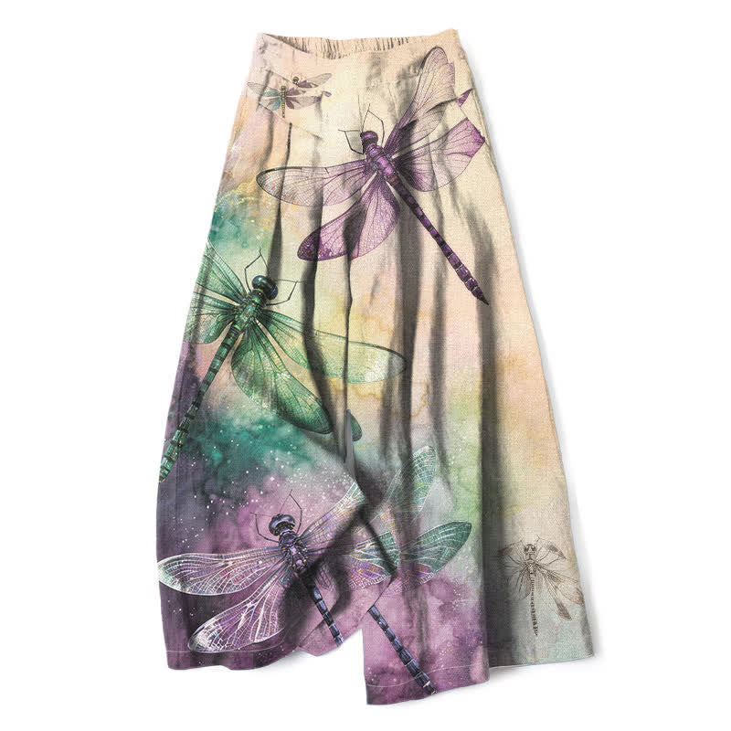 Nimara Ritual Cotton Linen Watercolor Dragonfly Pattern Women's Elastic Waist Wide Leg Pants With Pockets