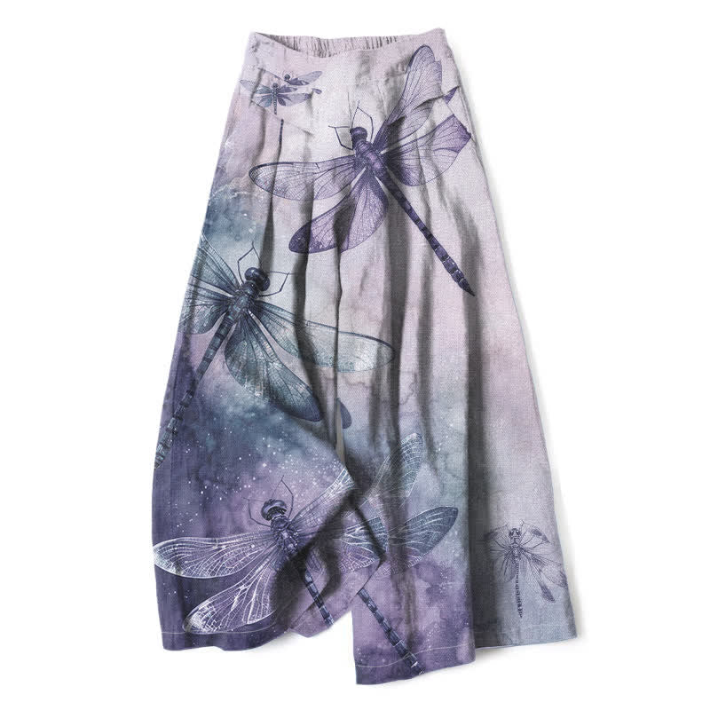 Nimara Ritual Cotton Linen Watercolor Dragonfly Pattern Women's Elastic Waist Wide Leg Pants With Pockets