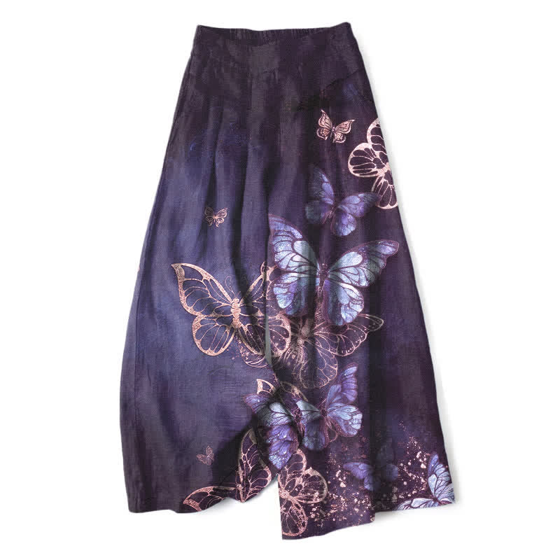Nimara Ritual Cotton Linen Butterfly Pattern Women's Elastic Waist Wide Leg Pants With Pockets
