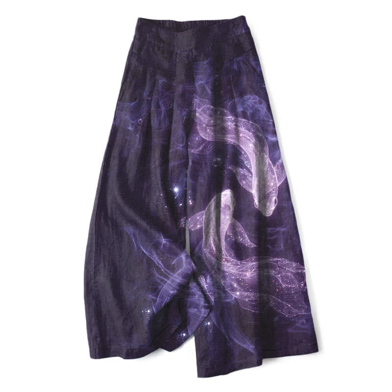 Nimara Ritual Cotton Linen Mystic Fish Pattern Women's Elastic Waist Wide Leg Pants With Pockets