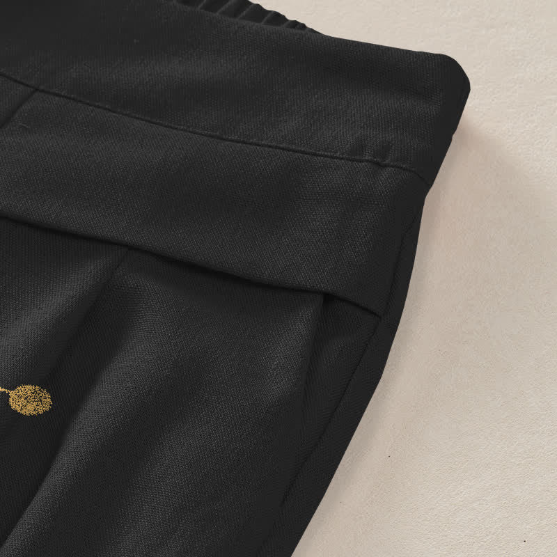 Nimara Ritual Cotton Linen Golden Lotus Pattern Women's Elastic Waist Wide Leg Pants With Pockets