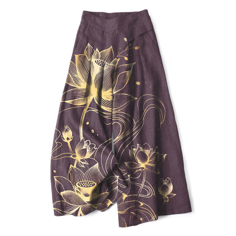 Nimara Ritual Cotton Linen Golden Lotus Pattern Women's Elastic Waist Wide Leg Pants With Pockets