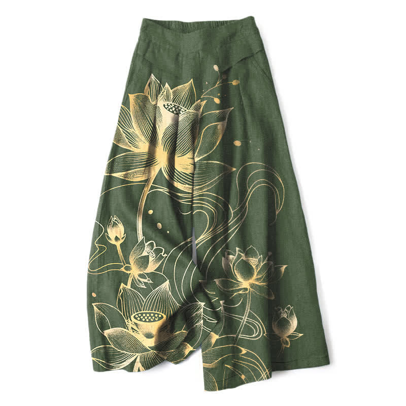 Nimara Ritual Cotton Linen Golden Lotus Pattern Women's Elastic Waist Wide Leg Pants With Pockets