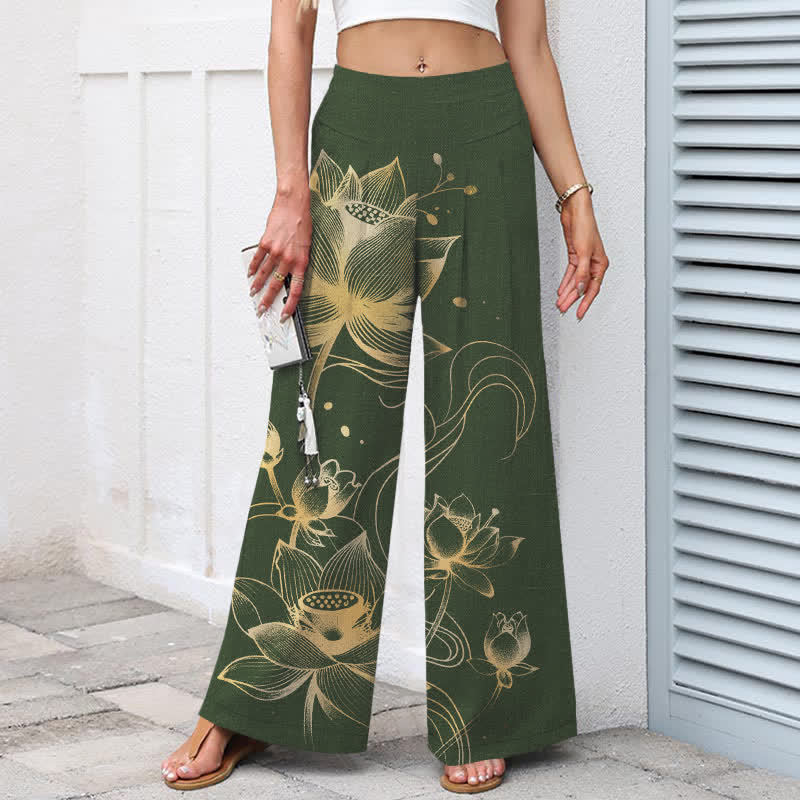 Nimara Ritual Cotton Linen Golden Lotus Pattern Women's Elastic Waist Wide Leg Pants With Pockets