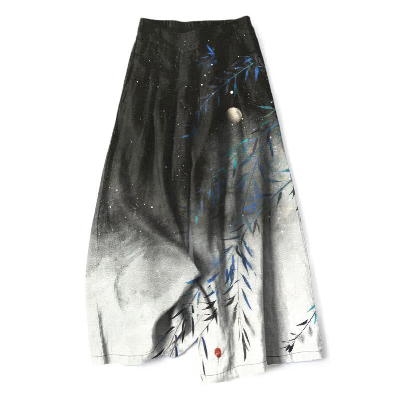 Nimara Ritual Cotton Linen Moonlit Bamboo Pattern Women's Elastic Waist Wide Leg Pants With Pockets