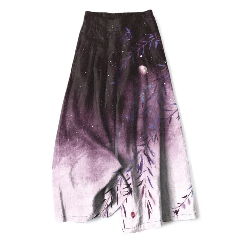 Nimara Ritual Cotton Linen Moonlit Bamboo Pattern Women's Elastic Waist Wide Leg Pants With Pockets