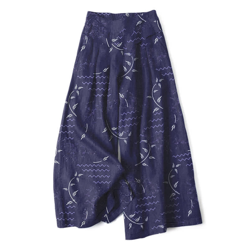 Nimara Ritual Cotton Linen Botanical Wave Pattern Women's Elastic Waist Wide Leg Pants With Pockets