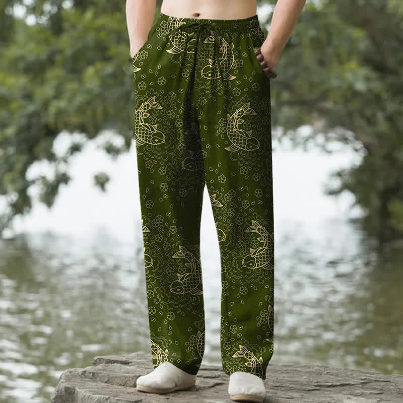 Nimara Ritual Cotton Golden Koi Fish Floral Pattern Men's Tapered Pants With Pockets
