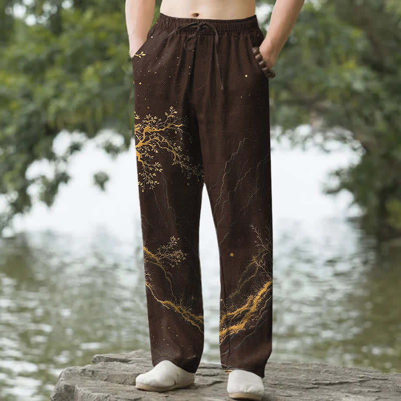 Nimara Ritual Cotton Branch Pattern Men's Tapered Pants With Pockets