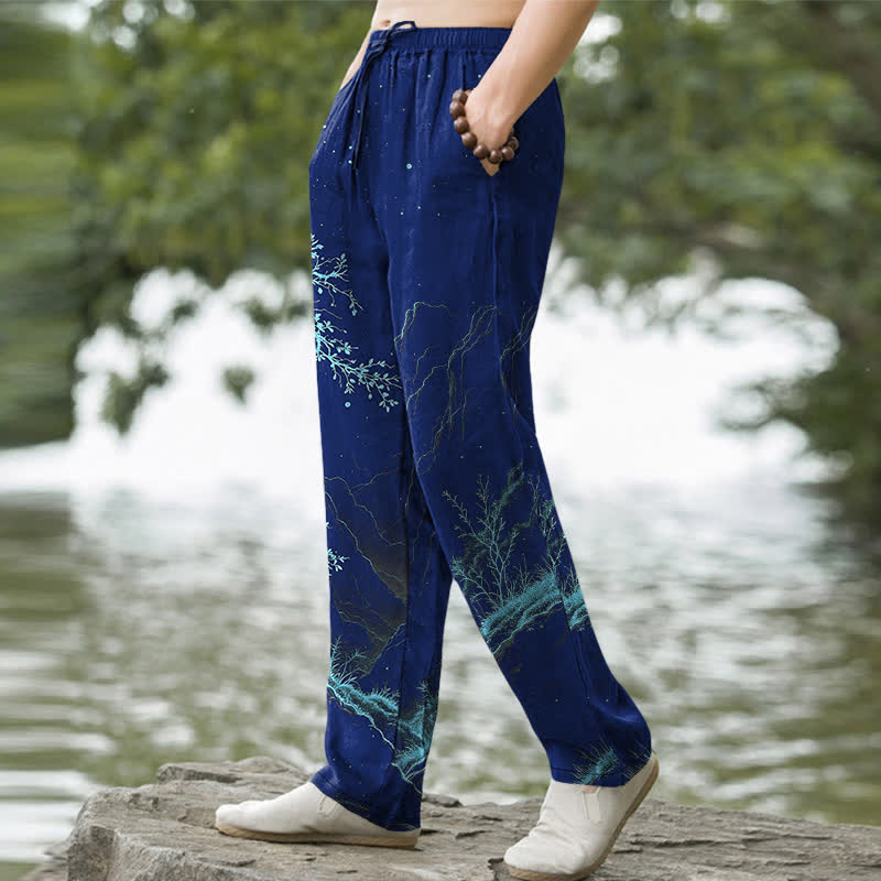 Nimara Ritual Cotton Branch Pattern Men's Tapered Pants With Pockets