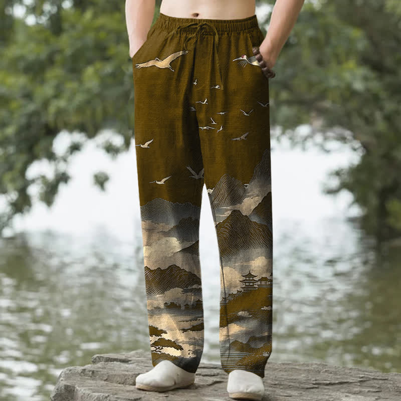Nimara Ritual Cotton Mountain Temple Bird Pattern Men's Tapered Pants With Pockets