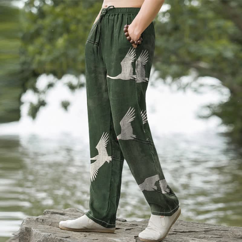 Nimara Ritual Cotton White Flying Crane Pattern Men's Tapered Pants With Pockets