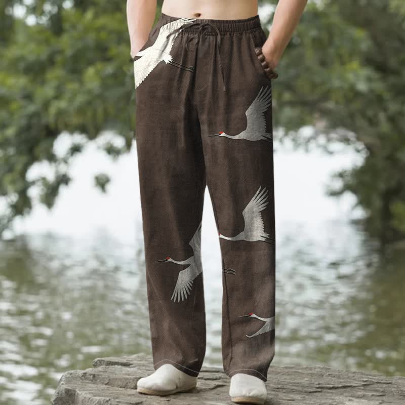 Nimara Ritual Cotton White Flying Crane Pattern Men's Tapered Pants With Pockets