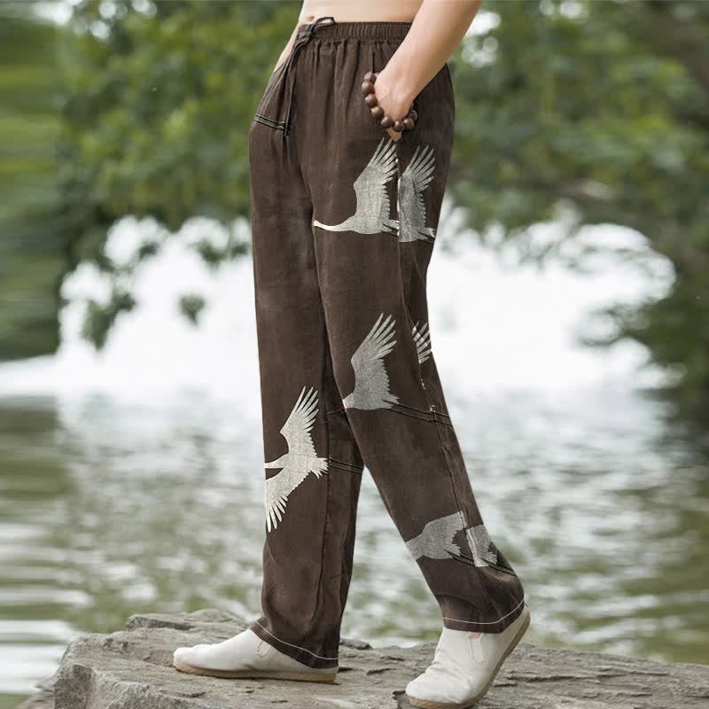 Nimara Ritual Cotton White Flying Crane Pattern Men's Tapered Pants With Pockets