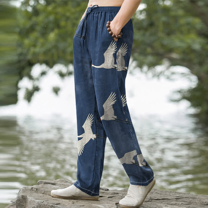 Nimara Ritual Cotton White Flying Crane Pattern Men's Tapered Pants With Pockets