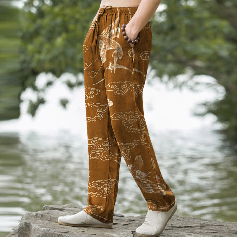 Nimara Ritual Cotton Crane Cloud Floral Pattern Men's Tapered Pants With Pockets