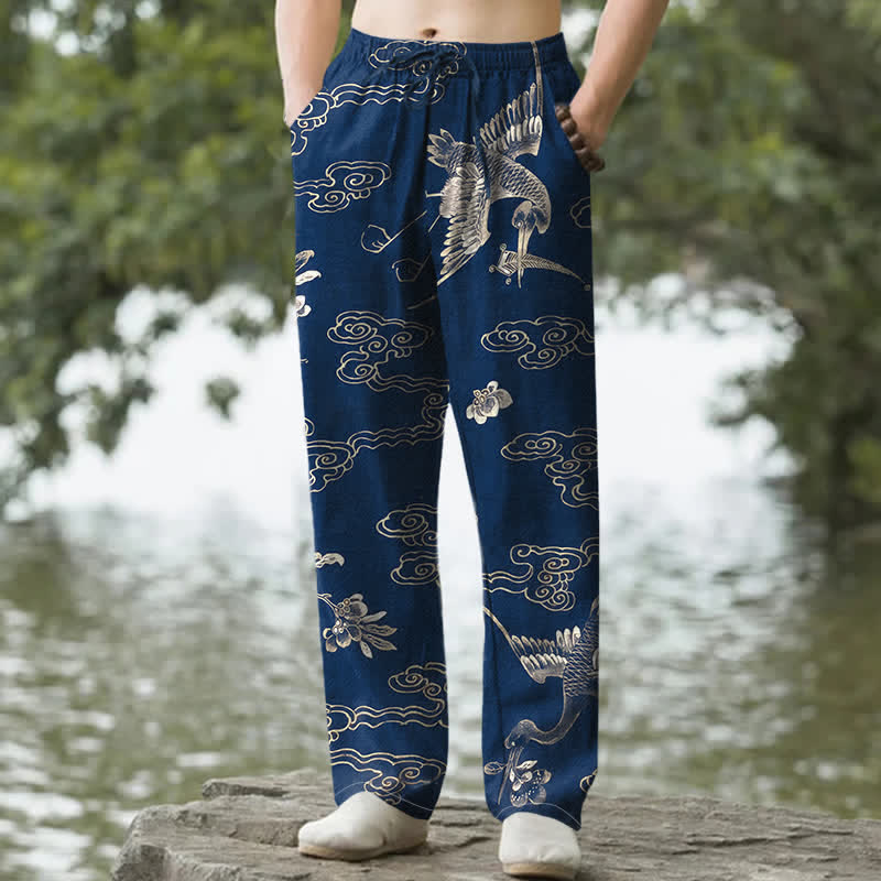Nimara Ritual Cotton Crane Cloud Floral Pattern Men's Tapered Pants With Pockets