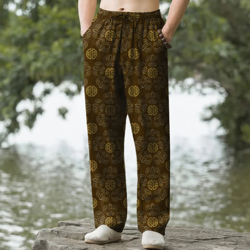 Nimara Ritual Cotton Auspicious Round Badge Floral Pattern Men's Tapered Pants With Pockets