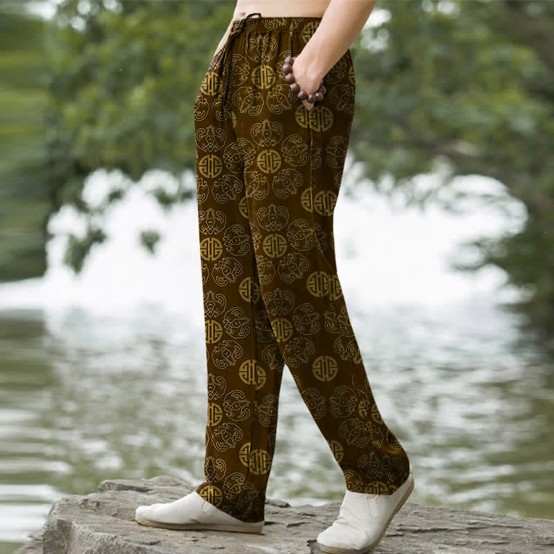 Nimara Ritual Cotton Auspicious Round Badge Floral Pattern Men's Tapered Pants With Pockets