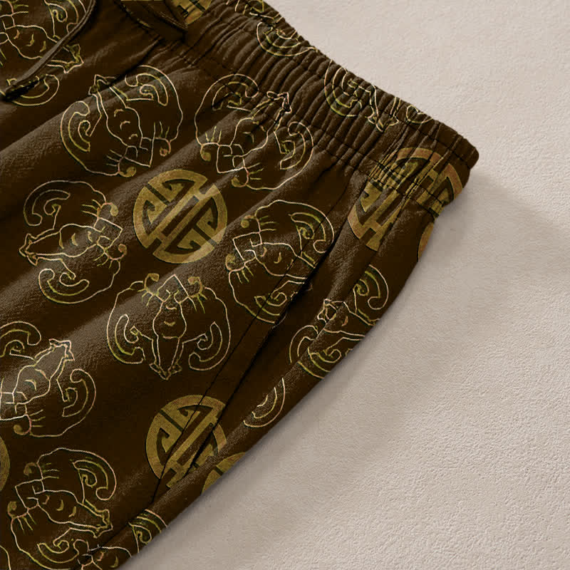 Nimara Ritual Cotton Auspicious Round Badge Floral Pattern Men's Tapered Pants With Pockets