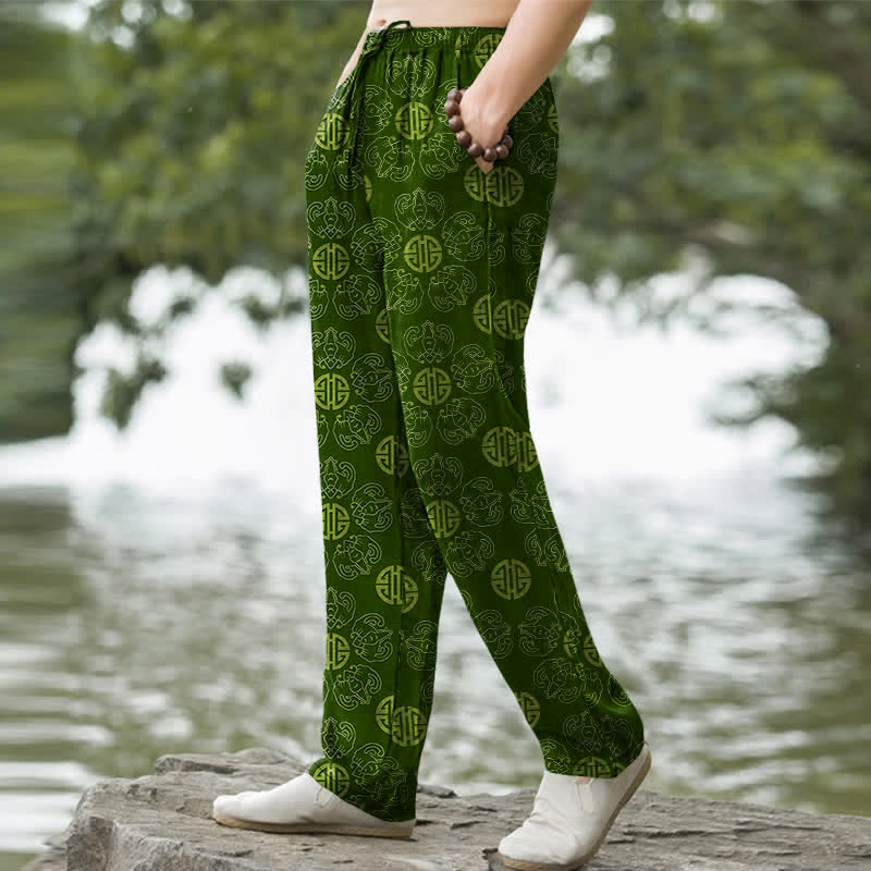 Nimara Ritual Cotton Auspicious Round Badge Floral Pattern Men's Tapered Pants With Pockets