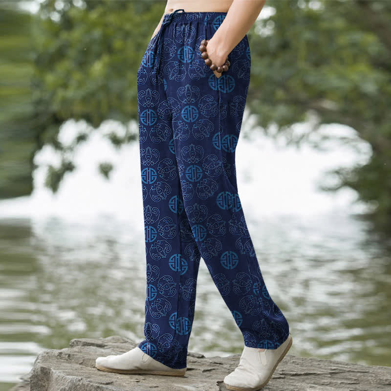 Nimara Ritual Cotton Auspicious Round Badge Floral Pattern Men's Tapered Pants With Pockets